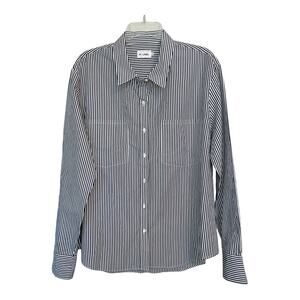 The Reset R Label Classic Button Front Cotton Navy Blue White Stripe Shirt XL